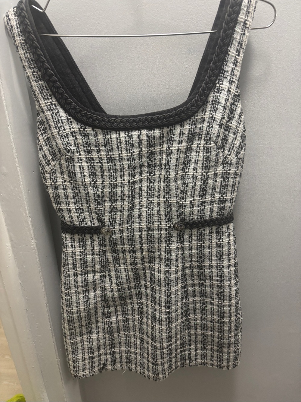 Guess Black and White Tweed Mini Dress with Braided Trim